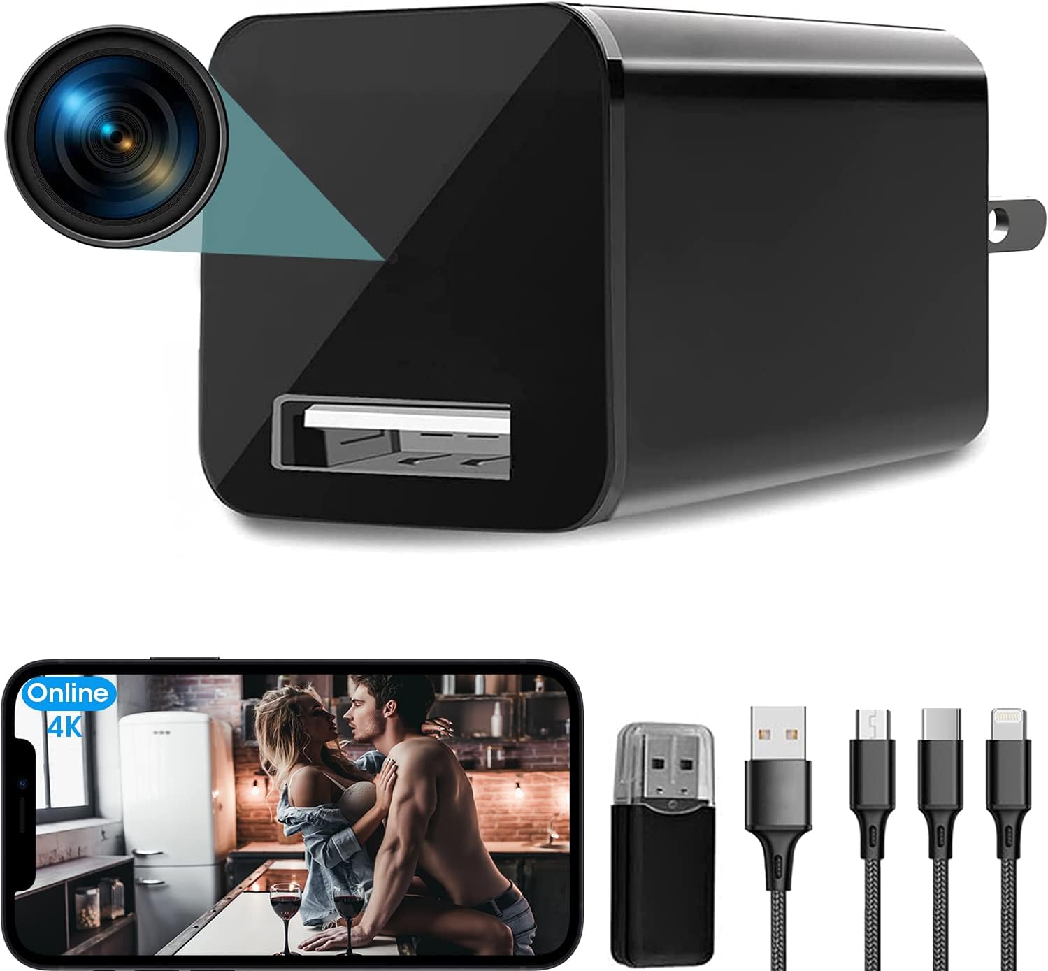 Aneekiti 4K USB Hidden Camera Wall Charger WiFi, Mini Spy Camera with